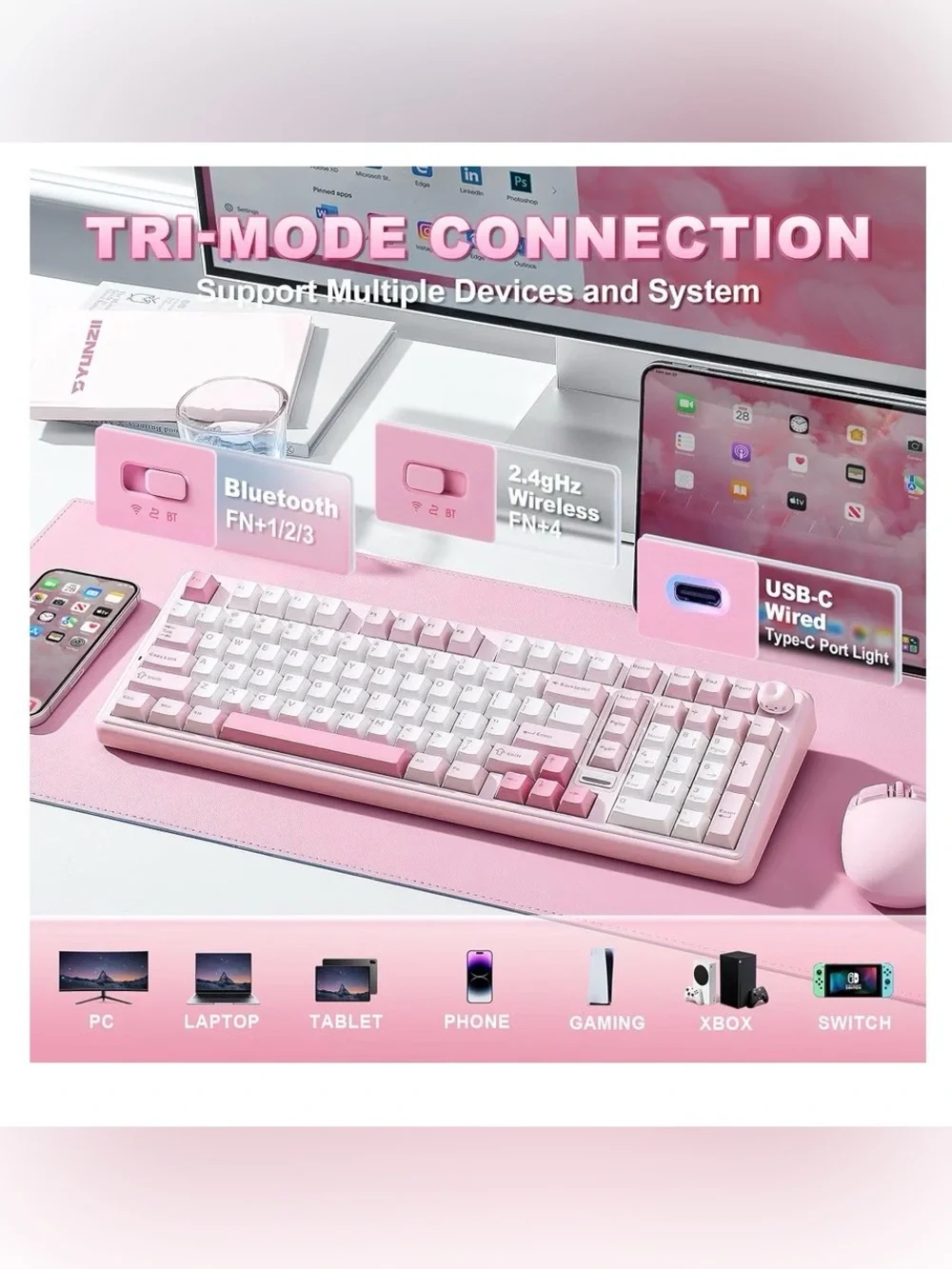YUNZII B98 PRO Hot Swappable Mechanical Keyboard Candy Switches - Pink